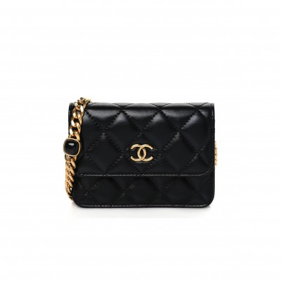 CHANEL LAMBSKIN RESIN QUILTED CLUTCH WITH CHAIN BLACK GOLD HARDWARE (15*10*5cm)