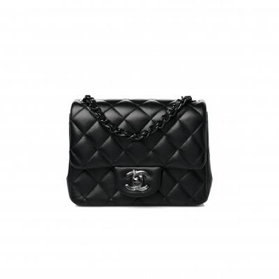 CHANEL LAMBSKIN QUILTED MINI SQUARE FLAP SO BLACK SILVER HARDWARE (17*12*7cm)